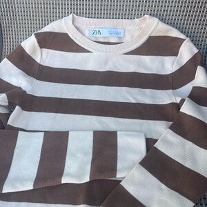 Zara Brown and White Striped Crewneck Sweater